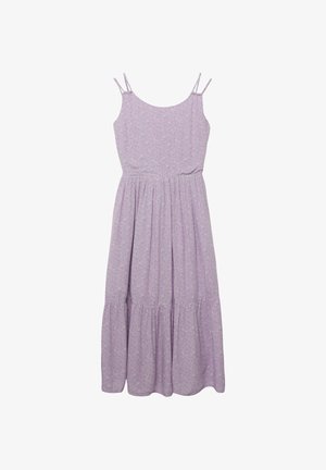 Mouwloze lavendelkleurige midijurk met dunne dubbele bandjes en een kleine bloemenprint, voorzien van een geplooide taille en een rokken met meerdere lagen.