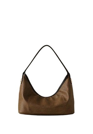 Borsa hobo marrone testurizzata con bordi neri e tracolla singola, forma rettangolare con angoli leggermente arrotondati.