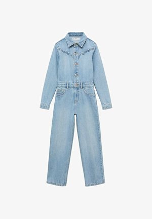Tutina in denim azzurro chiaro con top aderente, maniche lunghe, bottoni a pressione e vita con cintura. Presenta cuciture in stile western sulle spalle.