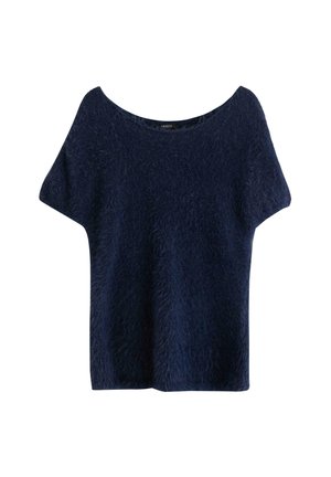 Mörkblå kortärmad topp i mjukt, texturerat tyg med bred halsringning och avslappnad passform. Ingen synlig hårdvara eller mönster.