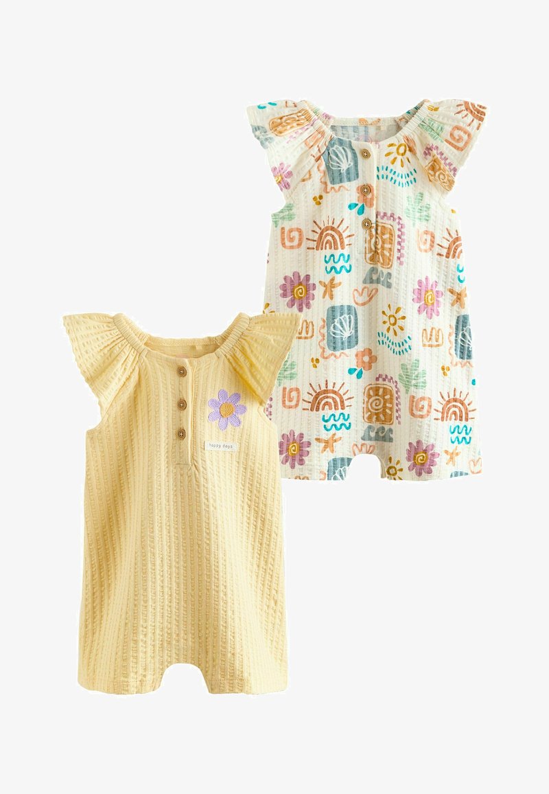 Deux grenouillères pour bébé, une jaune avec une fleur violette et des boutons, l'autre blanche avec des motifs multicolores de soleil, fleur et vague.