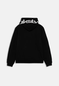 Sweat à capuche noir avec une capuche spacieuse arborant le texte "Quiksilver" en blanc le long du col. Fabriqué à partir d'un tissu doux et texturé.