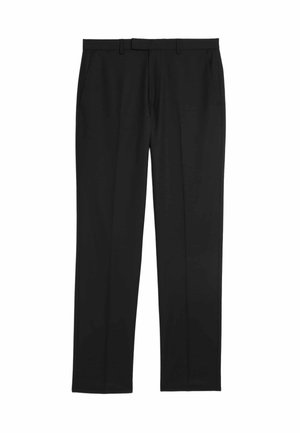 Black trousers made of smooth fabric, featuring a straight leg cut, side pockets, and a flat front design with a waistband.