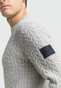 Lichtgrijze kabelgebreide trui met een geribbelde halslijn en textuurdetails. Heeft een zwart label op de linkermouw.