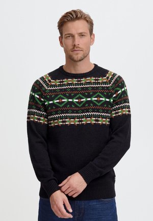 Mand med lyst brunt hår og skæg iført en sort sweater med grønne, brune og hvide geometriske mønstre på øverste del af brystet og armene.