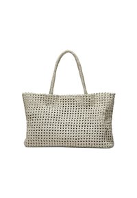 Geweven stro-tote bag in lichtbeige, met twee gevlochten handvatten, een ruime indeling en een open bovenkant met subtiele zwarte accenten.