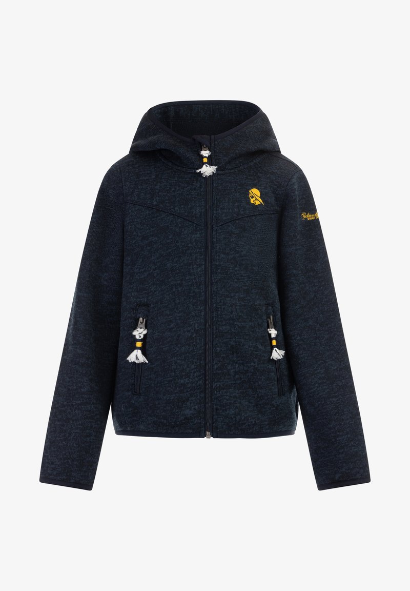 Tumši zila jaku ar kapuci, ar teksturētu audumu, divām kabatām ar rāvējslēdzējiem priekšpusē un logotipu kreisajā krūtīs.