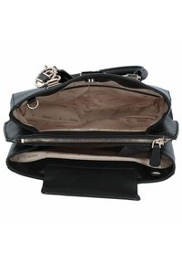Borsa a mano in pelle nera con esterno testurizzato, ferrature argentate, due scomparti e interno beige con motivo logo.