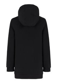 Schwarze Kapuzenjacke mit einem schlichten Design, elastischen Bündchen und einer engen Passform in der Taille, hergestellt aus einem glatten, nicht strukturierten Stoff.