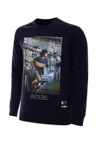 Marineblauwe sweatshirt met een graphic print van een voetballer, met een gele streep en tekstdetails. Zacht materiaal met geribbelde manchetten.