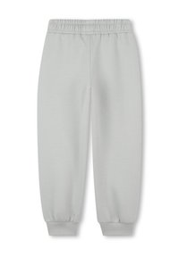 Lichtgrijze sweatpants met een elastische tailleband en strakke boorden. Gemaakt van zacht materiaal, met een gladde textuur zonder extra patronen.