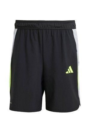 Pantaloncini sportivi neri con fascia in vita aderente, caratterizzati da accenti laterali grigi e verde brillante e un logo Adidas sulla parte anteriore.