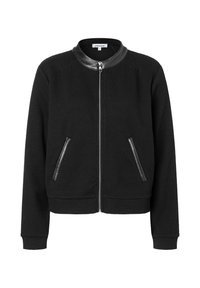 Schwarze Bomberjacke aus strukturiertem Stoff, mit Lederkragen, zwei Reißverschlusstaschen vorne sowie gerippten Bündchen und Saum.