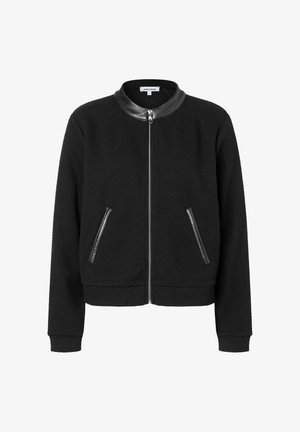 Schwarze Bomberjacke aus strukturiertem Stoff, mit Lederkragen, zwei Reißverschlusstaschen vorne sowie gerippten Bündchen und Saum.