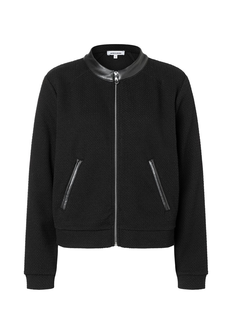 Schwarze Bomberjacke aus strukturiertem Stoff, mit Lederkragen, zwei Reißverschlusstaschen vorne sowie gerippten Bündchen und Saum.