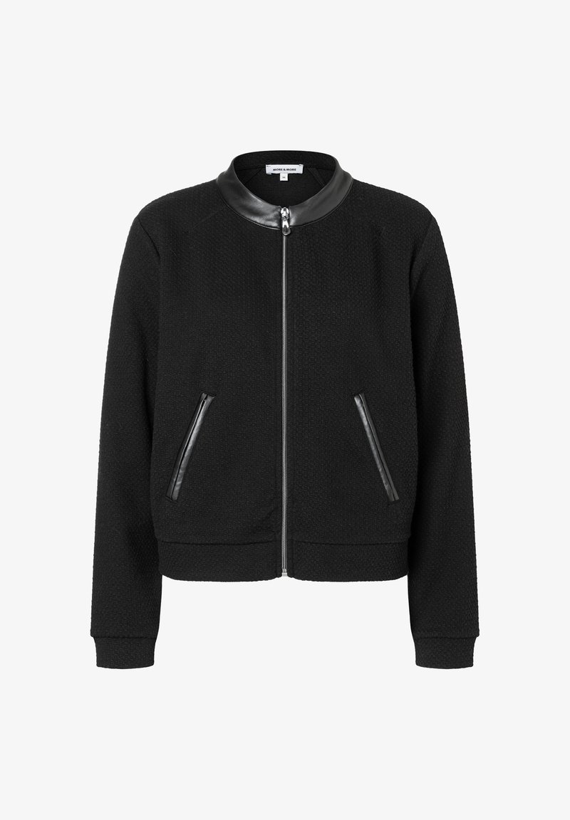 Schwarze Bomberjacke aus strukturiertem Stoff, mit Lederkragen, zwei Reißverschlusstaschen vorne sowie gerippten Bündchen und Saum.