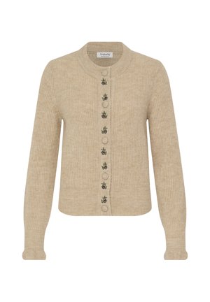 Beige gestrickte Strickjacke mit langen Ärmeln, rundem Ausschnitt und vorderen Knöpfen, die mit kleiner Blumenstickerei abwechseln.