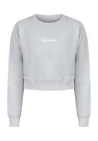 Lys grå cropped sweatshirt med lange ærmer, blødt stof, ribbede mansjetter og halsudskæring. Har hvid tekstdetalje på brystet.