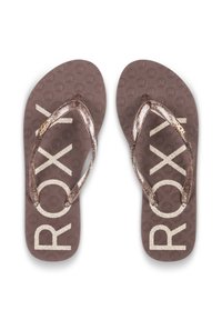 Bruna flip-flops med en texturerad sula, prydda med glittriga remmar och ett framträdande logomönster i ljusbeige.
