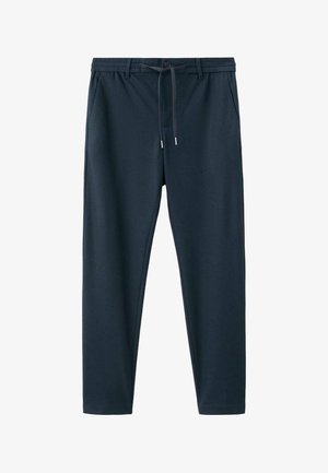 Pantaloni sportivi bleumarin cu talie elastică, șnur de ajustare și două buzunare laterale. Material neted, cu croială conică.