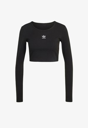 Fekete, hosszúujjú crop top bordás anyagból, kerek nyakkivágással; középen, a mellkas részén fehér Adidas logóval.
