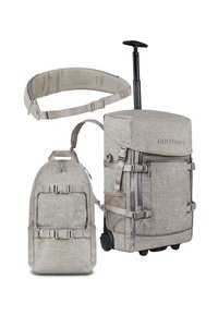 Grau Stoff-Rucksack mit verstellbaren Trägern, strukturierten Paneelen und mehreren Taschen. Beinhaltet eine separate rollbare Tasche mit einem ausziehbaren Griff.