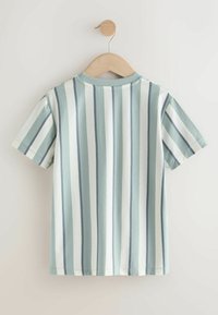 T-shirt à manches courtes en coton, présentant des rayures alternées vert clair et blanc, avec un col rond simple et une coupe décontractée.