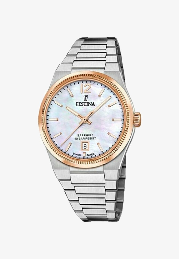 Festina ur med sølvfarvet rustfrit stålarmbånd, en rosaguld bezel og en perlemorsskive. Har safirglas og datovisning.