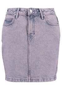 Jupe en jean violet clair, avec une coupe ajustée, cinq poches, une fermeture à boutons et un léger délavage. Elle présente un ourlet droit et des coutures classiques.