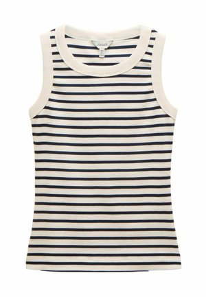 Pruhovaný bezramínkový top v krémové a námořnické modři. Měkká, pružná bavlněná tkanina s kulatým výstřihem a výraznými horizontálními pruhy.
