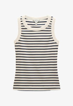 Ribaga ilma varrukat ülikond kreemjas ja tumesinises toonis. Pehme, veniv puuvillane kangas ümmarguse kaeluse ja silmapaistvate horisontaalsete triipudega.