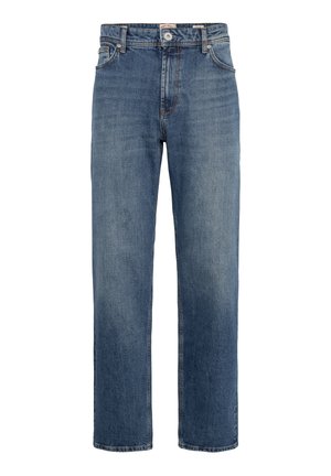 Blå denim jeans med rett ben, fem-lomme design, fremtredende søm og glidelås med knappelukking.