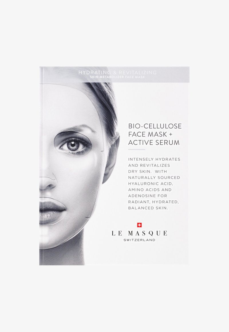 Bio-cellulose face mask packaging features a monochrome woman’s face with outlined mask sections, text detailing hydrating ingredients, and brand logo.