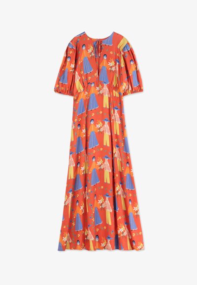 Vestido rojo con un patrón juguetón de figuras ilustradas en azul y amarillo, con mangas cortas abullonadas y un escote redondo.