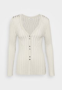 Lichtbeige geribde cardigan met lange mouwen, diepe V-hals en zes knoopsluitingen aan de voorkant. Heeft zijsplitten voor een getailleerde pasvorm.