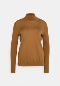 Brązowy sweter typu golf z długimi rękawami, dopasowanym krojem, gładką fakturą oraz prążkowanymi detalami przy kołnierzu i dolnym brzegu.