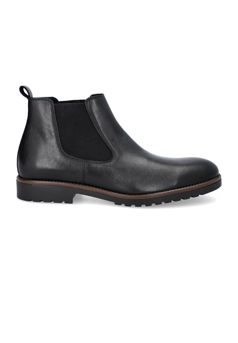 Czarne skórzane botki Chelsea z elastycznymi bocznymi panelami, zaokrąglonymi palcami i gumową podeszwą. Posiadają pętelkę ułatwiającą zakładanie. Gładka faktura.