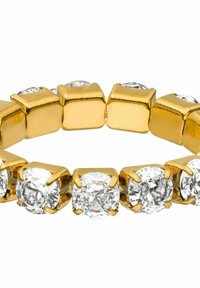 Gouden ring met afwisselend vierkante en ronde cubic zirconia stenen. Gladde oppervlakte met heldere, briljant geslepen stenen die in klauwen zijn ingelegd.