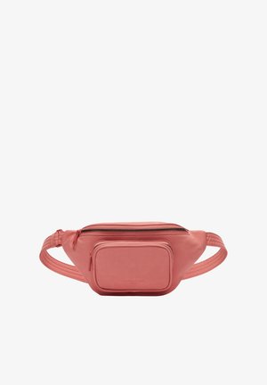 Różowa nerka z sztucznej skóry z główną komorą na zamek oraz przednią kieszenią. Posiada teksturowany pasek i gładkie wykończenie powierzchni.