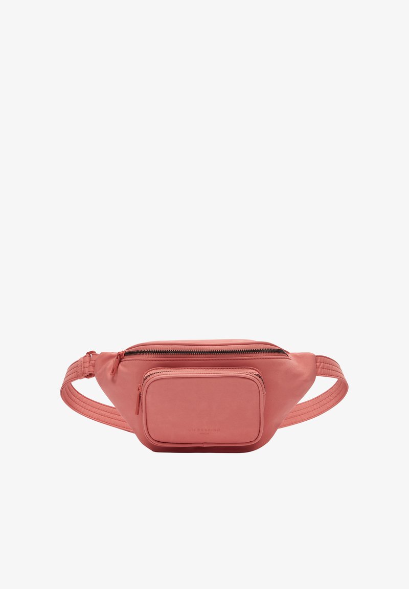 Marsupio finto cuoio rosa con un scomparto principale con zip e una tasca frontale. Presenta una tracolla testurizzata e una finitura superficiale liscia.