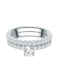 Silberring mit Edelsteinen, der einen zentralen runden Diamanten und kleinere umgebende Diamanten in einem Doppelband-Design zeigt. Polierter Finish, filigrane Details.
