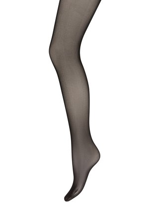 Collant neri, trasparenti, con una texture liscia, che seguono la forma naturale della gamba. Il tessuto leggero offre una vestibilità aderente e una minima opacità.