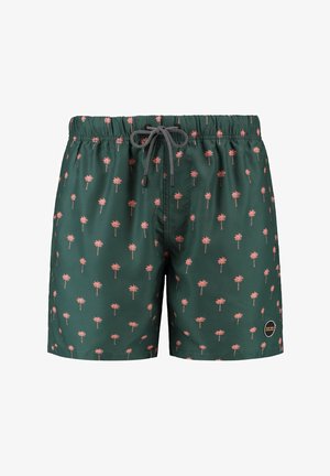 Groene zwembroek met een roze palmbomenpatroon, elastische tailleband en verstelbaar trekkoord. Zachte, lichte stof.