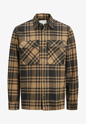 Camisa de cuadros hecha de tela con patrones en tonos marrón claro y negro. Tiene dos bolsillos en el pecho y cierres de botones con un collar puntiagudo.