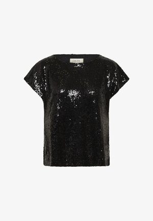 Top negru cu paiete, cu mâneci scurte, decolteu rotund și croială lejeră. Materialul are o suprafață strălucitoare, texturată, care reflectă lumina. Eticheta brandului este vizibilă.