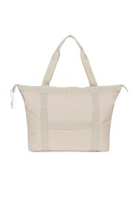 Borsa tote beige con due manici superiori, realizzata in tessuto resistente. Presenta cinghie orizzontali e verticali per aggiungere design e struttura.
