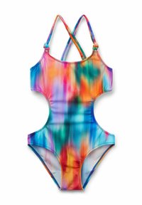 Kleurvol een-delig badpak met een tie-dye patroon in tinten van blauw, roze, oranje en groen; voorzien van dubbele schouderbanden en uitsnijdingen aan de zijkanten.