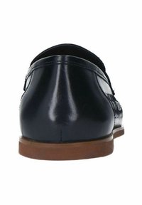 Navy leather loafers with a smooth texture, featuring a stitched design and brown rubber sole, viewed from the back.