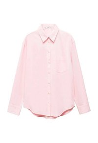 Hellrosa Langarm-Hemd aus Baumwolle mit Knopfleiste. Verfügt über einen klassischen Kragen und eine einzelne Brusttasche, sowie einen abgerundeten Saum.