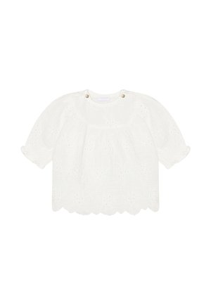 Weiße Babybluse mit Puffärmeln, Lochstickerei mit Blumenmuster, gewelltem Saum und zwei goldenen Knöpfen am Halsausschnitt.
